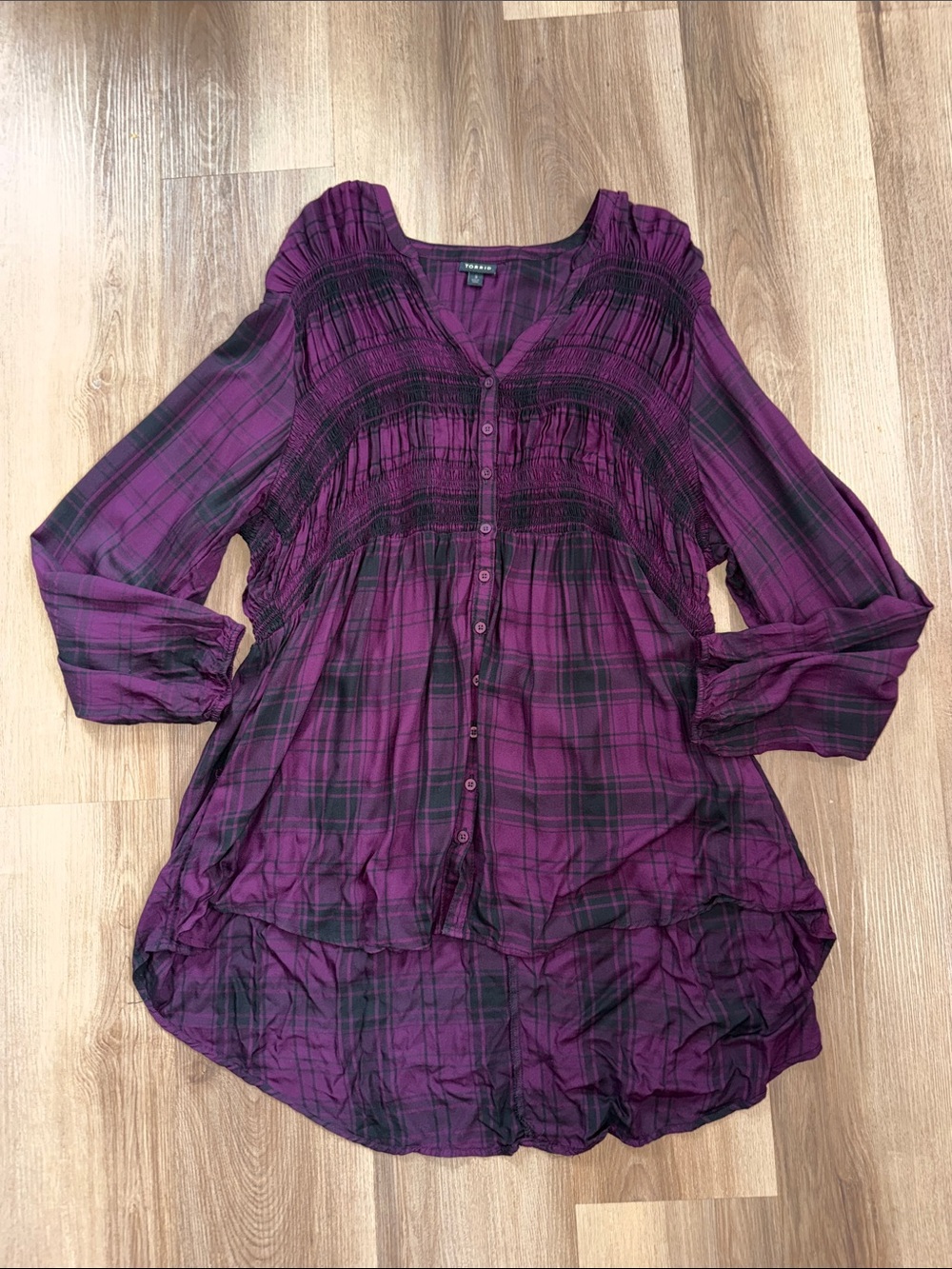 Torrid Button-Front Tunic Purple Black Plaid Rayon Twill Smocked Blouse Top 3X